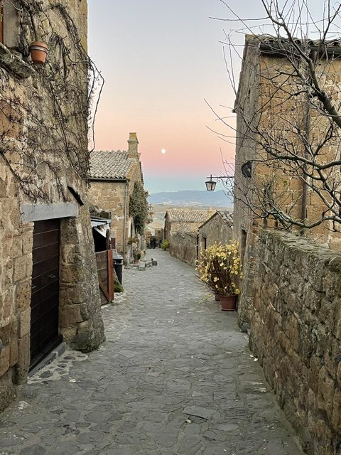 A village lane at moonrise